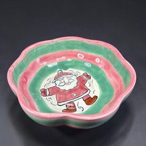 JMB Mexico Hand Painted Ceramic Santa Claus Snow Angel Bowl Pink Green Striped